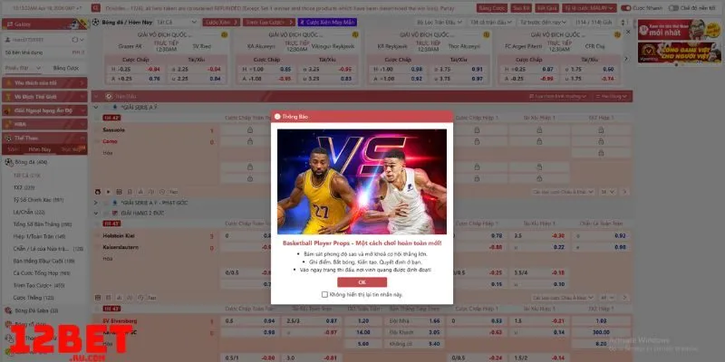 Tỷ lệ kèo 12BET rất hấp dẫn